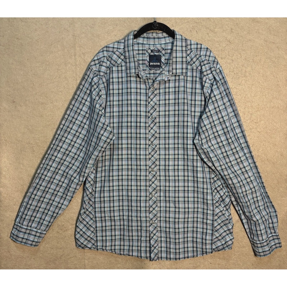 Prana Western Shirt Mens 2XL Gray Blue Plaid Pearl Snap Country Cowboy